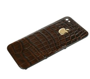 Задняя крышка для IPhone 4/4S декорирована кожей аллигатора коричневого цвета с логотипом Apple из цельного золота 2 грамма 