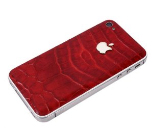 Задняя крышка для IPhone 4/4S декорирована кожей аллигатора красного цвета с логотипом Apple из цельного белого золота 2 грамма  