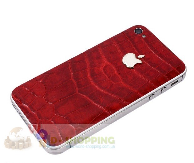 Задня кришка для IPhone 4/4S декорована шкірою алігатора червоного кольору з логотипом Apple із цілісного білого золота 2 грами 
