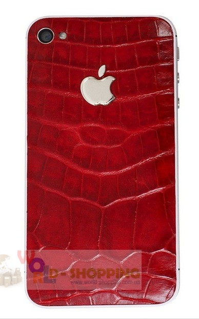 Задня кришка для IPhone 4/4S декорована шкірою алігатора червоного кольору з логотипом Apple із цілісного білого золота 2 грами 