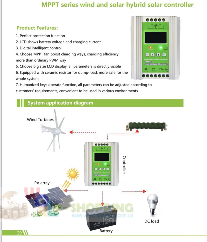 Гибридный 12/24V  контроллер MPPT   Wind 600W / Solar 600W для ветрогенератора