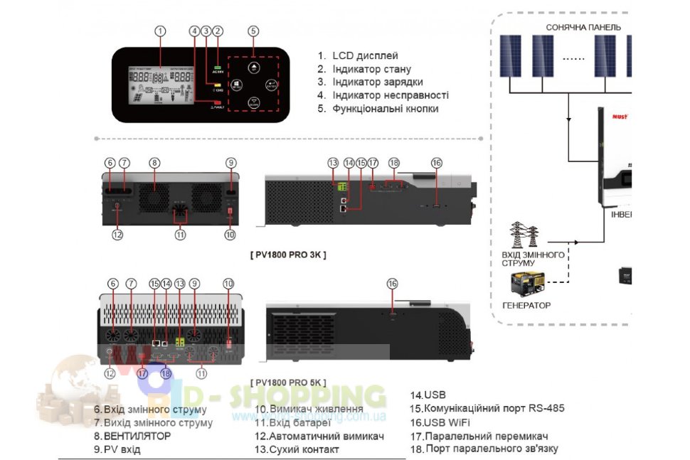 Гибридный инвертор MUST POWER PV18 5248 PRO, 5200W 48V